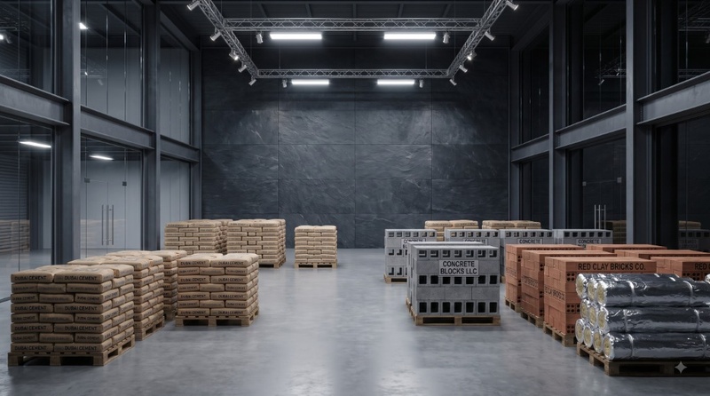 Warehouse stacked with building materials